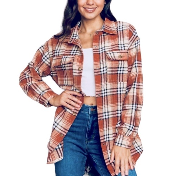 Ninexis women’s 2X Full Size Plaid Collared Neck Button-Down Jacket Terracotta - Picture 3 of 9
